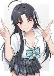 1girl absurdres ahoge awa_subaru black_hair blue_bow blue_bowtie border bow bowtie breasts cleavage closed_mouth commentary diagonal-striped_bow diagonal-striped_bowtie diagonal-striped_clothes girls_band_cry grey_skirt hair_intakes hair_ribbon hands_up highres index_finger_raised large_breasts long_hair looking_at_viewer outside_border plaid_clothes plaid_skirt pleated_skirt purple_eyes ribbon rrtp school_uniform shirt short_hair skirt solo striped_bow striped_bowtie striped_clothes white_border white_ribbon white_shirt