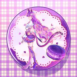 Rule 34 | 1girl, absurdres, animal ear fluff, animal ears, artist name, boots, bow, bubble skirt, cat ears, cat girl, cat tail, center frills, chinese commentary, choker, closed eyes, closed mouth, commentary request, cure macaron, dress, earrings, food, food-themed hair ornament, frilled skirt, frilled sleeves, frills, from side, full body, gloves, gold anklet, hair ornament, hand on own chest, happy, heart, high heel boots, high heels, highres, inhan, jewelry, kirakira precure a la mode, kotozume yukari, long hair, macaron, magical girl, miniskirt, outline, paw shoes, pink skirt, plaid background, plate, pointy nose, precure, puffy short sleeves, puffy sleeves, purple background, purple boots, purple bow, purple choker, purple dress, purple hair, purple theme, shadow, short dress, short sleeves, skirt, skirt under dress, smile, solo, sphere earrings, standing, tail, thigh boots, very long hair, waist bow, watermark, wavy hair, white gloves, white sleeves, yellow outline