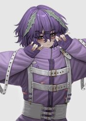 1girl absurdres bags_under_eyes bandaid bandaid_on_clothes commentary commission english_commentary hair_between_eyes hair_ornament hairclip highres jacket lobsteranian original purple_hair short_hair solo track_jacket