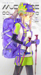 1girl absurdres alternate_costume alternate_hairstyle arknights backpack bag blonde_hair blue_hat green_shorts hat highres hiking_pole long_sidelocks lyuqiu muelsyse_(arknights) pointy_ears ponytail purple_bag shirt shorts sidelocks smile solo white_shirt yellow_eyes
