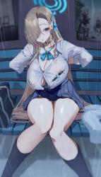 1girl :o absurdres areola_slip asuna_(blue_archive) asymmetrical_bangs bag bench black_choker blue_archive blue_bow blue_bowtie blue_bra blue_eyes blue_halo blue_ribbon bow bowtie bra breasts choker collared_shirt dress_shirt hair_behind_ear hair_over_one_eye hair_ribbon halo highres huge_breasts knees_together_feet_apart lace lace-trimmed_bra lace_trim light_brown_hair long_hair long_sleeves looking_back miniskirt mole mole_on_breast open_bra panties pantyshot pleated_skirt rain ribbon school_bag school_uniform see-through_clothes shiro_marimo shirt sitting skirt solo thighs towel unaligned_breasts unbuttoned unbuttoned_shirt underwear untying very_long_hair wet wet_clothes white_shirt
