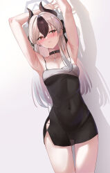 Rule 34 | 1girl, absurdres, arm behind head, armpits, arms up, bare arms, bare shoulders, black bow, black choker, black dress, blue archive, blush, bow, breasts, choker, cleavage, closed mouth, covered navel, demon girl, demon horns, dress, ear piercing, grey halo, hair bow, hair down, halo, highres, horns, kayoko (blue archive), kayoko (dress) (blue archive), looking to the side, nonoka7221, official alternate costume, official alternate hairstyle, piercing, red eyes, sleeveless, sleeveless dress, solo