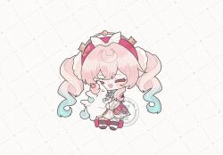 &gt;_&lt; 1girl animal blush chibi closed_eyes commentary dress drill_hair gradient_hair green_hair hat holding holding_animal honkai:_star_rail honkai_(series) hyacine_(honkai:_star_rail) little_ica_(honkai:_star_rail) multicolored_hair open_mouth pegasus pink_hair red_dress red_hat simple_background smile twin_drills watermark white_background xu_(i4i52ii9)