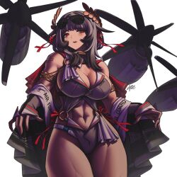 1girl abs black_hair breasts eyewear_on_head highres humanization large_breasts laurel_crown medium_hair muscular muscular_female navel original personification propeller red_eyes shoulder_tattoo solo sunglasses tattoo white_background zhvo