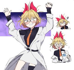 Rule 34 | 1girl, animal ears, bat ears, bat girl, blonde hair, borrowed character, freckles, highres, industry-it, lab coat, medium hair, messy hair, necktie, original, round eyewear, sharp teeth, simple background, skirt, teeth, tinker belle (eisu), white background