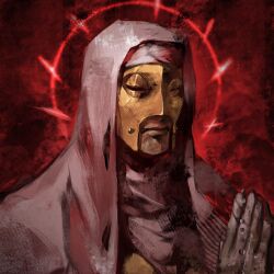 1boy black_gloves black_scarf closed_mouth covered_face darkest_dungeon gloves gold_mask hands_up highres hood leper_(darkest_dungeon) male_focus mask moxom praying red_background scarf simple_background solo three_quarter_profile upper_body white_hood