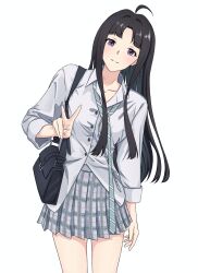 1girl a_whydc ahoge awa_subaru bag black_bag black_hair blue_necktie closed_mouth collared_shirt commentary diagonal-striped_clothes diagonal-striped_necktie dress_shirt girls_band_cry grey_skirt highres long_hair necktie plaid_clothes plaid_skirt pleated_skirt purple_eyes school_uniform shirt shoulder_bag sidelocks simple_background skirt solo striped_clothes symbol-only_commentary v white_background white_shirt