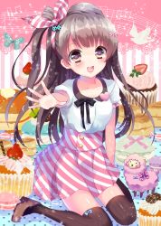 10s 1girl :d alpaca bad_id bad_pixiv_id beamed_quavers bird black_thighhighs bow brown_hair bug butterfly crotchet_rest cupcake diagonal_stripes dove female_focus food fruit hair_bow hair_ribbon heart highres insect love_live! love_live!_school_idol_festival love_live!_school_idol_project lyric_(hina9111) macaron minami_kotori musical_note open_mouth outstretched_hand purple_eyes ribbon sheep sheet_music shoes side_ponytail sitting skirt smile solo musical_staff strawberry striped_clothes striped_skirt striped_thighhighs thighhighs vertical-striped_clothes vertical-striped_thighhighs wariza
