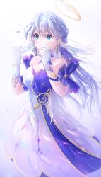 1girl bare_shoulders blue_eyes breasts cleavage closed_mouth collarbone dress earrings feathered_wings gloves gold_halo head_wings highres honkai:_star_rail honkai_(series) jewelry long_hair medium_breasts musical_note purple_hair robin_(honkai:_star_rail) simple_background smile snowpix solo strapless strapless_dress very_long_hair white_background white_dress white_gloves wings