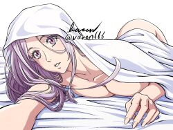 Rule 34 | 1girl, ass, baron (varon666), breasts, fuuto tantei, highres, kamen rider, kamen rider w, large breasts, long hair, lying, nude, on stomach, purple eyes, purple hair, signature, simple background, solo, tokime (fuuto tantei), twitter username, under covers, white background
