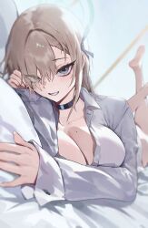 Rule 34 | absurdres, asuna (blue archive), asuna (school uniform) (blue archive), barefoot, blonde hair, blue archive, blue eyes, blue halo, blush, breasts, choker, cleavage, collarbone, eyes visible through hair, grin, hair over one eye, halo, highres, large breasts, leg up, long hair, long sleeves, looking at viewer, lying, mole, mole on breast, on side, shirt, smile, tototo sarada, very long hair, white shirt