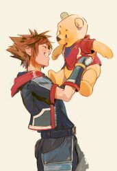 1boy arm_guards belt belt_buckle black_belt black_shirt brown_hair buckle closed_eyes commentary cropped_jacket grin holding hood hood_down hooded_jacket jacket kingdom_hearts kingdom_hearts_ii male_focus open_mouth outstretched_arms pants pooh red_shirt shirt shirt_tucked_in short_hair short_sleeves simple_background smile sora_(kingdom_hearts) spiked_hair symbol-only_commentary t-shirt teeth tongue unzipped uzucake white_background winnie_the_pooh zipper