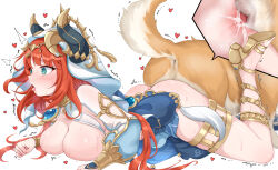 1boy 1girl ahegao animal_penis bestiality blush breasts censored clothed_sex cum cum_in_pussy daram_(shappydude) dog dog_tail genshin_impact green_eyes heart huge_breasts huge_penis knotted_penis mosaic_censoring nilou_(genshin_impact) open_mouth orange_hair penis prone_bone pussy sex sex_from_behind simple_background surprised tail tongue tongue_out vaginal white_background