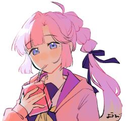 1girl ahoge anyoji_hime artist_name black_ribbon blonde_hair blush dress drinking drinking_straw drinking_straw_in_mouth gradient_hair hair_ribbon hasu_no_sora_school_uniform highres holding holding_milk_carton hood hooded_jacket jacket link!_like!_love_live! long_sleeves love_live! milk_carton multi-tied_hair multicolored_hair neckerchief nose_blush open_clothes open_jacket pink_hair pink_jacket ponytail purple_dress ribbon sailor_collar sailor_dress school_uniform signature simple_background solo stew_youbi strawberry_milk upper_body virtual_youtuber white_background white_sailor_collar winter_uniform yellow_neckerchief
