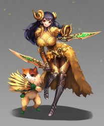 1girl armor armored_dress backless_dress backless_outfit black_hair breasts capcom dagger dress dual_wielding felyne gold_armor hand_fan highres holding knife kulve_taroth_(armor) large_breasts long_hair monster_hunter:_world monster_hunter_(series) notte smile tongue tongue_out weapon yellow_eyes
