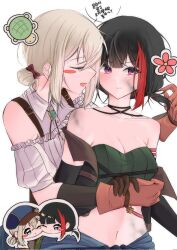 Rule 34 | 2girls, aoba moca, ba bam, bang dream!, bare shoulders, black gloves, black hair, blonde hair, blue brooch, blush, blush stickers, breasts, cheek-to-cheek, cleavage, closed eyes, closed mouth, collared shirt, commentary, dirty, dirty face, gloves, hashtag-only commentary, heads together, highres, korean text, large breasts, mitake ran, multicolored hair, multiple girls, navel, open mouth, pink eyes, red gloves, red hair, shirt, simple background, smile, speech bubble, streaked hair, translation request, white background, white shirt, yuri