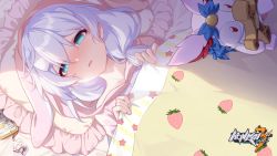 1girl :o absurdres artist_request bed bed_sheet blue_eyes cellphone doll from_above hair_between_eyes highres homei_(honkai_impact) honkai_(series) honkai_impact_3rd looking_at_viewer official_art open_mouth pajamas phone pillow shadow sick side_ponytail solo theresa_apocalypse towel towel_on_head white_hair