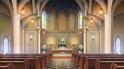 Rule 34 | arched window, ceiling light, chandelier, checkered floor, church, flower, glowing, highres, indoors, no humans, non-web source, official art, our life: beginnings and always, pew, plant, potted plant, scenery, stained glass, table, white flower, window