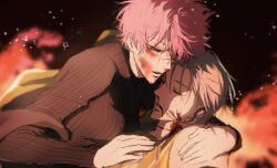 Rule 34 | 1boy, 1girl, alien stage, black shirt, blood, closed eyes, fire, green shirt, grey hair, highres, hug, microphone, mizi (alien stage), pink hair, ra yu, shirt, short hair, tears, till (alien stage)