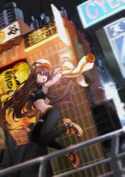1girl absurdres arm_behind_head arm_up armpits artist_request asymmetrical_clothes bare_shoulders black_leggings black_shirt blurry breasts brown_eyes brown_hair building check_artist cityscape commentary_request commission crop_top depth_of_field hat highres holding holding_jacket holding_unworn_clothes jacket jungsungwoo korean_commentary leggings long_hair medium_breasts midair midriff navel newsboy_cap original second-party_source shirt shoes single_pantsleg single_thighhigh sleeveless sleeveless_shirt sleeveless_turtleneck sneakers solo stomach thighhighs turtleneck unworn_jacket very_long_hair white_hat white_jacket