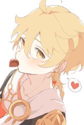1boy absurdres aether_(genshin_impact) ahoge armor black_shirt blonde_hair blush braid candy chocolate chocolate_heart commentary earrings english_commentary food food_in_mouth genshin_impact hair_between_eyes heart heart-shaped_food highres jewelry long_hair looking_at_viewer male_focus nihon_no_hentai scarf shirt short_sleeves shoulder_armor simple_background single_earring solo spoken_heart upper_body white_background white_scarf yellow_eyes