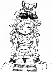 1girl a-q_(madoka_magica) aki_mabayu blunt_bangs blunt_ends buttons closed_eyes commentary_request cowboy_shot creature_on_head creature_on_lap eyes_visible_through_hair fingerless_gloves gloves greyscale hair_ornament hair_over_one_eye hairclip highres hood hood_down hoodie kneehighs light_blush long_hair long_sleeves magia_record:_mahou_shoujo_madoka_magica_gaiden mahou_shoujo_madoka_magica mahou_shoujo_madoka_magica_magia_exedra messy_hair monochrome nervous_smile nighthawk_(madoka_magica) on_bed open_mouth overall_skirt sitting sleeve_cuffs smile socks straight-on striped_clothes striped_socks sweatdrop white_background youichi82880400