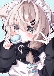 1girl animal_ear_fluff animal_ears apron black_bow black_jacket blue_background blush bow brown_eyes brown_hair cat_ears eating food grey_eyes grey_hair hair_between_eyes hair_bow hair_ornament hair_over_shoulder hairclip hands_up highres holding holding_food jacket long_hair long_sleeves looking_at_viewer macaron mafuyu_(vrchat) maid maid_apron maid_headdress me_omoti multicolored_hair outline puffy_long_sleeves puffy_sleeves simple_background sleeves_past_wrists solo upper_body v vrchat white_apron white_outline