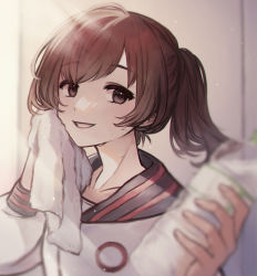 1girl aijou_karen alternate_hairstyle blurry blurry_foreground bottle brown_eyes brown_hair collarbone commentary_request depth_of_field grin hands_up highres holding holding_bottle holding_towel incoming_drink indoors jacket light_particles light_rays long_sleeves looking_at_viewer looking_to_the_side parted_lips ponytail short_hair shoujo_kageki_revue_starlight smile solo sweat swept_bangs tareko towel track_jacket upper_body water_bottle white_jacket wiping_face wiping_sweat