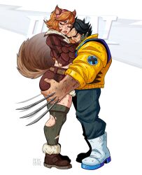 1boy 1girl animal_ears arm_hair artist_name ass belt black_hair black_pants blood body_hair boots brown_boots brown_hair brown_jacket brown_shoes brown_shorts bruise claws closed_eyes denim fingerless_gloves freckles from_side gloves green_gloves green_thighhighs highres injury jacket marvel marvel_rivals pants percodine shoes short_hair short_shorts shorts simple_background squirrel_ears squirrel_girl squirrel_girl_(marvel) squirrel_tail tail thighhighs torn_clothes torn_thighhighs white_background white_boots wolverine_(x-men) yellow_jacket