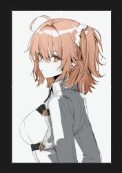 1girl ahoge black_border border breasts chaldea_uniform chest_belt expressionless fate/grand_order fate_(series) framed_breasts from_side fujimaru_ritsuka_(female) hair_ornament hair_scrunchie large_breasts long_sleeves looking_at_viewer looking_back okchun one_side_up orange_eyes orange_hair parted_lips popped_collar profile scrunchie shirt short_hair sideways_glance simple_background solo upper_body white_background white_scrunchie white_shirt