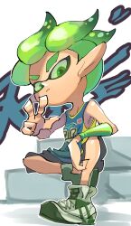 1boy arm_warmers bare_shoulders black_pants capri_pants closed_mouth frown green_arm_warmers green_eyes green_hair green_shoes highres inkling inkling_boy inkling_player_character jersey koike3582 multicolored_shoes nintendo outline pants pointy_ears shoes short_hair single_arm_warmer single_bare_arm sitting solo splatoon_(series) tentacle_hair two-tone_shoes white_outline white_shoes