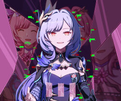 1girl black_gloves black_shrug breasts broken_glass chinese_commentary cleavage commentary_request elbow_gloves glass gloves hair_ornament hands_up herrscher_of_corruption highres honkai_(series) honkai_impact_3rd large_breasts long_hair looking_at_viewer open_mouth orange_eyes purple_hair purple_shirt shirt shrug_(clothing) sidelocks single_elbow_glove smile solo upper_body usagi_(1024739301)