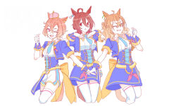 3girls ;d agnes_tachyon_(umamusume) ahoge animal_ears blue_jacket blue_necktie blue_skirt brown_eyes brown_hair cropped_jacket cropped_legs crown finger_heart grin hair_between_eyes highres horse_ears horse_girl horse_tail jacket jungle_pocket_(umamusume) mini_crown multiple_girls necktie one_eye_closed open_clothes open_jacket open_mouth pink_eyes seila_rei shirt simple_background skirt smile t.m._opera_o_(umamusume) tail thighhighs tilted_headwear umamusume white_background white_shirt white_thighhighs yellow_eyes