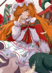 1girl blush bow bowtie christmas_nightmare_(e.g.o) christmas_tree_print commentary dot_nose dress e.g.o_(project_moon) feathers frilled_dress frills green_eyes hat highres ishmael_(project_moon) large_bow limbus_company long_hair long_sleeves looking_at_viewer messy_hair neck_ribbon nightcap orange_hair parted_lips project_moon puffy_sleeves ribbon ro/ku rubbing_eyes sleepy solo tentacles white_dress