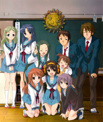 Rule 34 | 00s, 2boys, 6+girls, absurdres, asahina mikuru, asakura ryoko, black legwear, blue eyes, blue hair, bobby socks, brown eyes, brown hair, closed eyes, everyone, green eyes, green hair, headband, highres, kimidori emiri, kneeling, koizumi itsuki, kyon, kyon no imouto, long hair, multiple boys, multiple girls, nagato yuki, necktie, non-web source, orange hair, purple hair, school uniform, serafuku, shoes, short hair, socks, suzumiya haruhi, suzumiya haruhi no yuuutsu, tsuruya, uwabaki, v, very long hair, white legwear