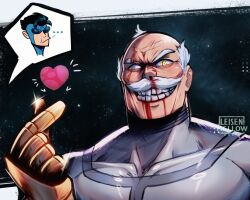 2025 2boys :/ artist_name bald black_hair commentary conquest_(invincible) crazy_eyes evil_grin evil_smile grey_hair grin heart heterochromia highres invincible_(character) invincible_(series) leisen_mellow male_focus mark_grayson multiple_boys muscular muscular_male old old_man prosthesis prosthetic_arm smile superhero_costume watermark white_eyes yellow_eyes