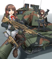 2girls 5.56x45mm_nato absurdres ammunition ammunition_pouch armband assault_rifle asymmetrical_dual_wielding black_footwear black_hairband black_jacket black_shirt black_thighhighs blue_eyes blue_skirt boots bow bowtie breasts bright_pupils brown_eyes brown_footwear brown_hair brown_jacket bullet carbine carbine_cartridge caterpillar_tracks collared_shirt combat_boots commentary_request dmr_cartridge dual_wielding fingerless_gloves gloves gradient_background green_gloves grenade_launcher grey_skirt gun h&amp;k_g36 h&amp;k_mark_23 h&amp;k_mg4 h&amp;k_mp7 hair_ribbon hairband handgun hands_up heckler_&amp;_koch highres holding holding_gun holding_weapon intermediate_cartridge jacket kac_mk23_suppressor knda_deutschland knee_pads knight&#039;s_armament_company lace-up_boots light_machine_gun lmg_cartridge load_bearing_vest loafers long_hair long_sleeves looking_at_viewer low_ponytail m320 machine_gun magazine_(weapon) medium_breasts mikeran_(mikelan) military_vehicle miniskirt motor_vehicle multiple_girls neck_ribbon no_humans offensive_handgun open_mouth original panther_kf51 personal_defense_weapon pleated_skirt ponytail pouch radio_antenna red_armband red_bow red_bowtie red_ribbon remote_controlled_weapon_station rheinmetall ribbon rifle rifle_cartridge school_uniform scope shadow shirt shoes short_eyebrows sitting skirt smile stand-alone_configuration standing submachine_gun suppressor tank thick_eyebrows thighhighs translucent trigger_discipline v-shaped_eyebrows vehicle_focus vertical_foregrip weapon weapon_request white_pupils white_shirt