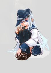1girl black_thighhighs blonde_hair blue_eyes blue_hair blue_hat blue_sailor_collar blue_skirt brown_shoes cigarette commentary flat_cap grey_background hair_between_eyes hat hibiki_(kancolle) highres holding holding_cigarette kantai_collection kusomisoni loafers long_hair long_sleeves looking_at_viewer parted_lips pleated_skirt sailor_collar school_uniform serafuku shoes simple_background sitting skirt smoke smoking solo symbol-only_commentary thighhighs twitter_username