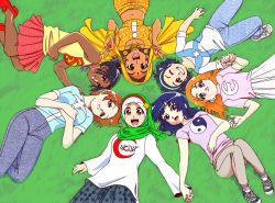 ! 6+girls :d ;d ancient_egyptian_clothes artist_name bare_shoulders bindi black_eyes black_hair blue_eyes bracelet breasts brown_eyes brown_hair circle_formation clothes_writing commentary_request crescent cross dark-skinned_female dark_skin day dc_comics denim double_v dreadlocks earrings eyelashes facial_mark field freckles from_above grass green_eyes green_hijab grin hairband hand_on_another&#039;s_shoulder hands_on_own_chest head_tilt hexagram hijab hinduism holding_hands interlocked_fingers jeans jewelry knees_up lips loafers long_hair looking_up lying midriff multiple_girls navel nayzak necklace on_back on_side one_eye_closed open_mouth orange_hair original outdoors pants parted_lips pearl_necklace ponytail red_footwear shirt shoelaces shoes short_sleeves skirt sleeveless sleeveless_shirt smile sneakers star_(symbol) star_of_david stomach superman_(series) t-shirt tank_top tareme teeth thick_eyebrows unmoving_pattern v veil watermark yin_yang