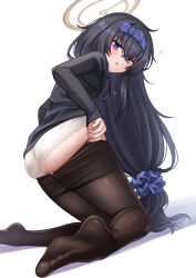 ass blue_archive blue_eyes blush breasts clothes_pull halo highres lace lace-trimmed_panties lace_trim long_hair panties panties_under_pantyhose pantyhose pantyhose_pull scrunchie small_breasts ui_(blue_archive) underwear very_long_hair white_panties