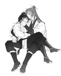 2boys boots cheongmyeong_(return_of_the_mount_hua_sect) chinese_clothes closed_eyes closed_mouth full_body gahya00 greyscale hair_bun hair_ornament hair_stick hand_on_another&#039;s_face hanfu high_ponytail highres korean_commentary long_hair long_sleeves male_focus monochrome multiple_boys pants parted_lips ponytail return_of_the_mount_hua_sect simple_background sitting sitting_on_lap sitting_on_person smile tang_bo_(return_of_the_mount_hua_sect) wide_sleeves yaoi