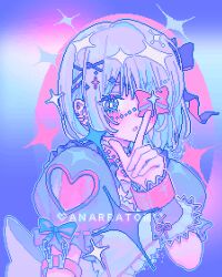 1girl :o animated animated_gif apangbai_(anarrator) apron armlet artist_name bead_necklace beads blinking blue_background blue_bow blue_eyes blue_hair blue_outline blue_ribbon bow bow_eyepatch bowtie bracelet bright_pupils chain chinese_commentary choker closed_mouth clothing_cutout colored_inner_hair commentary_request cross-laced_armwear eyelashes eyepatch finger_to_mouth floating_hair frilled_apron frilled_arm_warmers frilled_sleeves frills gradient_background grey_arm_warmers grey_bow grey_bowtie grey_hair grey_shirt hair_bow hair_ornament hair_ribbon hairclip hand_on_own_chin happy heart heart_cutout heart_print highres jewelry light_blush limited_palette lipstick looping_animation makeup multicolored_hair necklace open_mouth original outline pastel_colors pink_bow pink_lips pink_ribbon pixel_art puffy_short_sleeves puffy_sleeves ribbon shirt short_hair short_sleeves shoulder_cutout sleeve_bow smile solo sparkle sparkle_hair_ornament surprised tress_ribbon upper_body watermark white_apron white_choker white_pupils wind