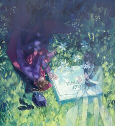 2boys absurdres black_gloves black_hair brown_hair closed_eyes code_geass flower formal_clothes ghost gloves gold_trim grass grave hair_between_eyes helmet highres holding holding_flower jacket kururugi_suzaku lelouch_vi_britannia lily_(flower) lying male_focus multiple_boys on_side panties sitting smelling smelling_flower suit tombstone underwear unworn_gloves unworn_headwear unworn_helmet white_flower white_jacket white_panties white_suit yorusl zero_(code_geass)