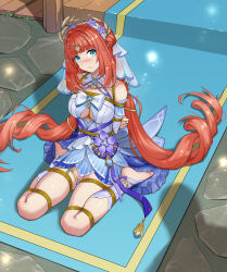 1girl absurdres arms_behind_back bare_shoulders barefoot bdsm blunt_bangs blush bondage bound breasts commission frogtie genshin_impact haimei1980 hair_ornament highres large_breasts long_hair nilou_(breeze_of_sabaa)_(genshin_impact) nilou_(genshin_impact) pixiv_commission red_hair shibari sitting smile thighs very_long_hair wariza