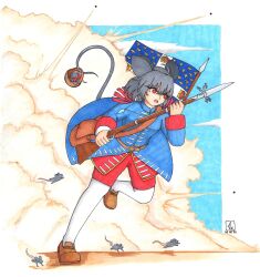 1girl ahoge alternate_costume animal_ears antique_firearm basket blue_coat brown_shoes coat commentary commission dated english_commentary explosion firearm flag french_army full_body grey_hair gun highres military_uniform mouse_(animal) mouse_ears mouse_girl nazrin open_mouth red_eyes red_shorts shoes short_hair shorts signature thatkirisame touhou weapon