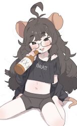 1girl ahoge animal_ears barefoot bike_shorts black_eyes black_hair black_shirt black_shorts bottle cropped_shirt glasses highres holding holding_bottle indie_virtual_youtuber long_hair looking_at_viewer messy_hair midriff mouse_ears mouse_girl navel open_mouth possummachine ririgaki shirt short_shorts short_sleeves shorts sitting solo tail teeth upper_teeth_only wariza