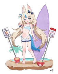 1girl :3 absurdres animal_ear_fluff animal_ears barefoot beach bikini bikini_under_shorts blonde_hair blue_bikini blue_bow blue_eyes blue_hair blue_nails blue_scrunchie blush boppin bow bucket cat_ears collarbone commentary commission crab crying_emoji emoji english_commentary fangs fins fish_girl fish_tail flat_chest frilled_bikini frills full_body hair_bow highleg highleg_bikini highres indie_virtual_youtuber loli long_hair low_twintails multicolored_hair nail_polish navel ocean one_side_up open_mouth paid_reward_available palm_tree road_sign sameko_saba sand scrunchie short_shorts shorts side-tie_bikini_bottom sign solo standing streaked_hair striped_bikini striped_clothes surfboard swimsuit tail toenail_polish toenails toes tree twintails two-tone_hair variant_set very_long_hair virtual_youtuber white_shorts wrist_scrunchie