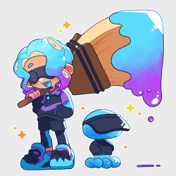 1boy 1other black_jacket black_leggings blue_hair blue_jacket blue_shoes blue_tongue colored_tips colored_tongue commission covered_eyes curly_hair dripping fang full_body goggles grey_background hand_in_pocket hand_up happy high_tops highres jacket jellyfish_(splatoon) leggings multicolored_hair multicolored_jacket multicolored_shoes nintendo octobrush_(splatoon) octoling octoling_player_character open_mouth outline over_shoulder purple_hair purple_jacket purple_socks second-party_source shoes side-by-side side_part simple_background sneakers socks sparkle sparkling_aura splatoon_(series) standing striped_sleeves tonio_(spuid_antn) two-tone_shoes weapon weapon_over_shoulder white_outline