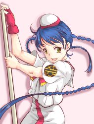 1girl aika_granzchesta aria_(manga) arm_up blue_hair blush bow bowtie braid breasts commentary cowboy_shot dress eyelashes fingerless_gloves gloves hat highres himeya_company_uniform holding holding_oar long_hair looking_to_the_side mono9ron oar pink_background red_bow red_bowtie red_gloves red_hat sailor_collar shadow short_sleeves single_glove small_breasts solo twin_braids two-tone_headwear very_long_hair white_dress white_hat yellow_eyes