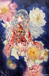 1girl bird flower grey_eyes grey_hair hair_ornament highres idolmaster idolmaster_cinderella_girls japanese_clothes kimono kobayakawa_sae long_hair long_sleeves rerain socks white_bird